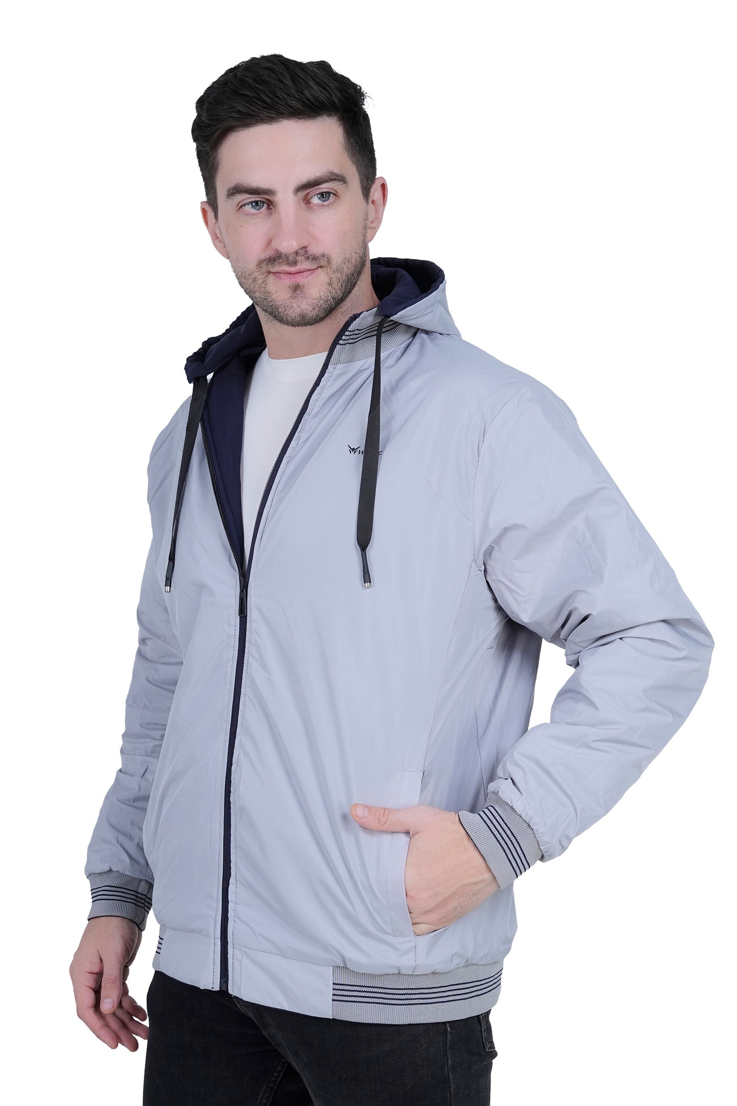 Men’s Reversible Winter Jacket with Hood & 3 Pockets – Blue & Grey RAWYAL Fashion