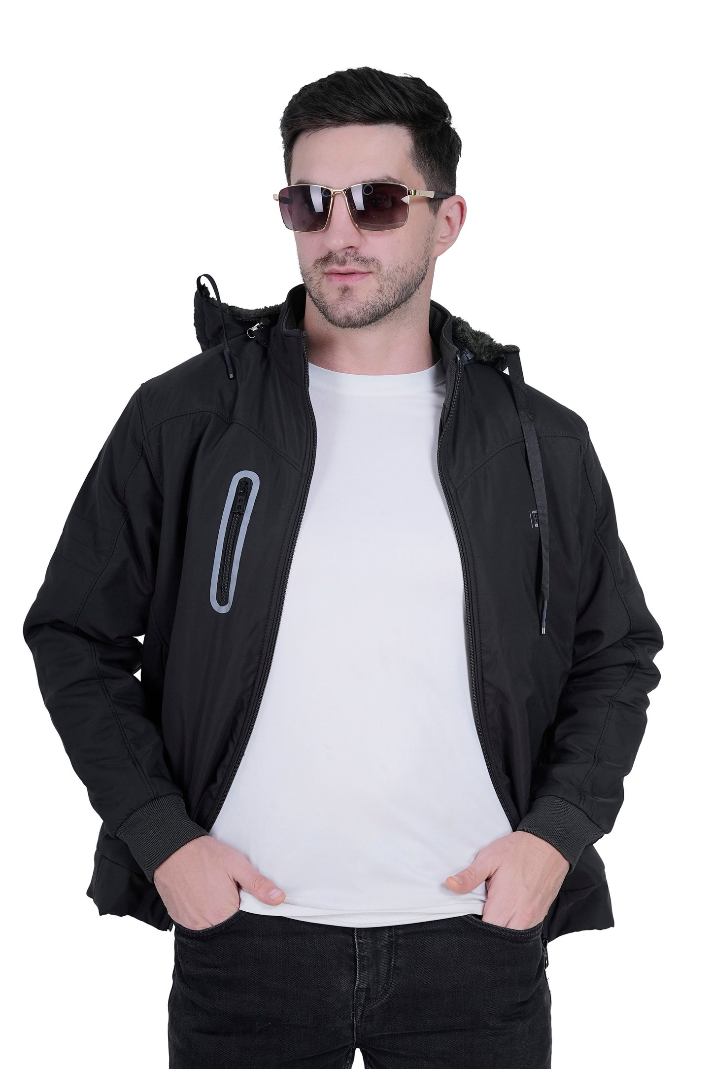 “Men’s Black Winter Jacket with Removable Hood & 3 Pockets – Stylish Warm Outerwear”