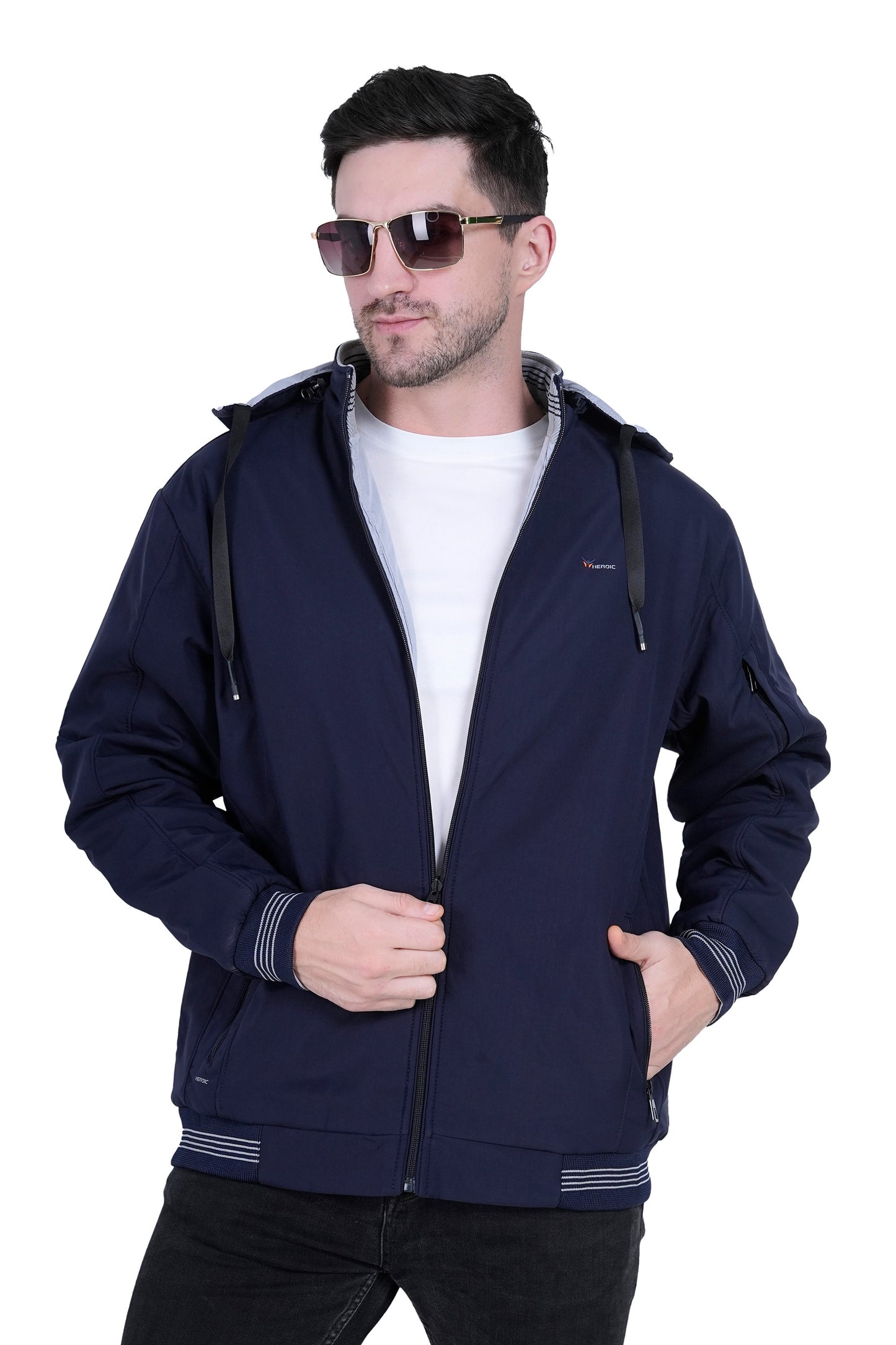 Men’s Reversible Winter Jacket with Hood & 3 Pockets – Blue & Grey RAWYAL Fashion