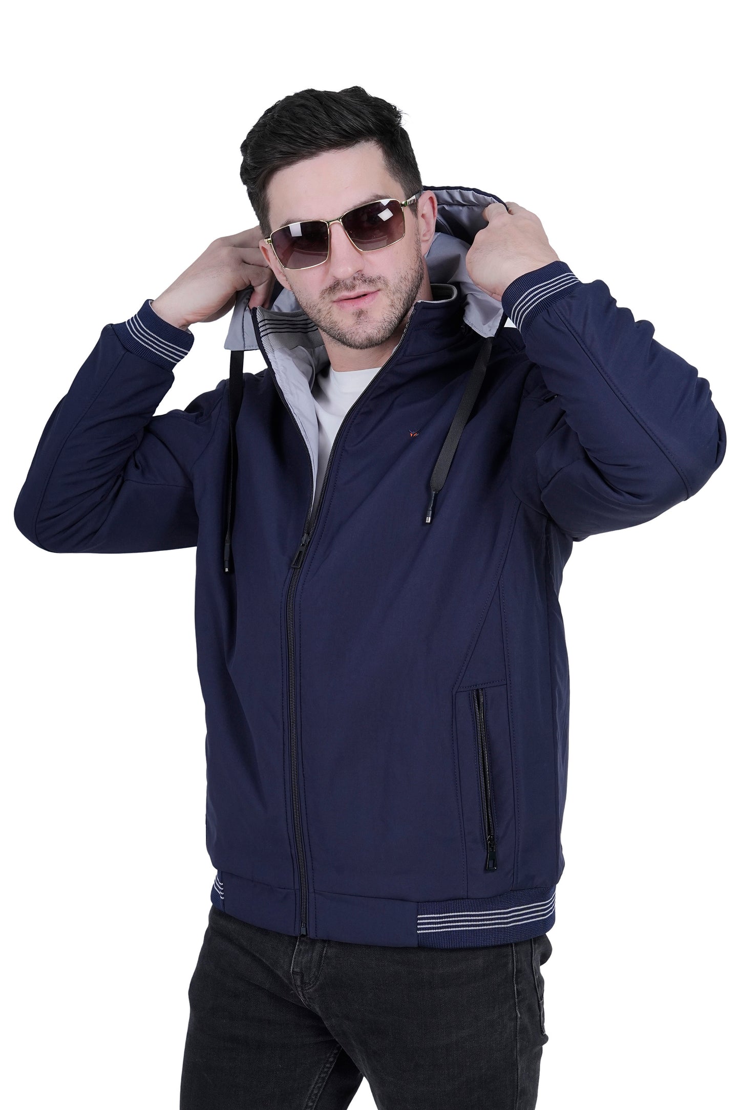 Men’s Reversible Winter Jacket with Hood & 3 Pockets – Blue & Grey RAWYAL Fashion