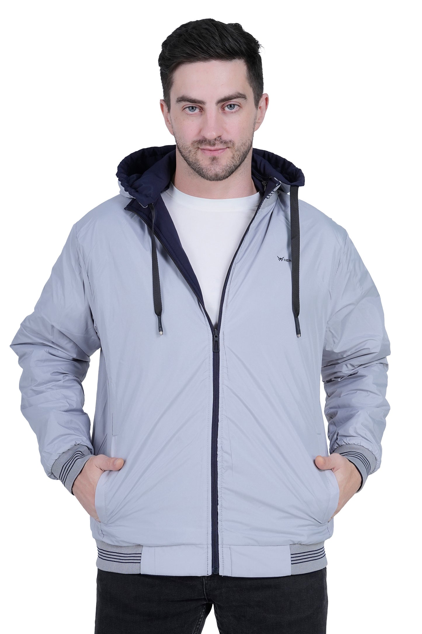 Men’s Reversible Winter Jacket with Hood & 3 Pockets – Blue & Grey RAWYAL Fashion