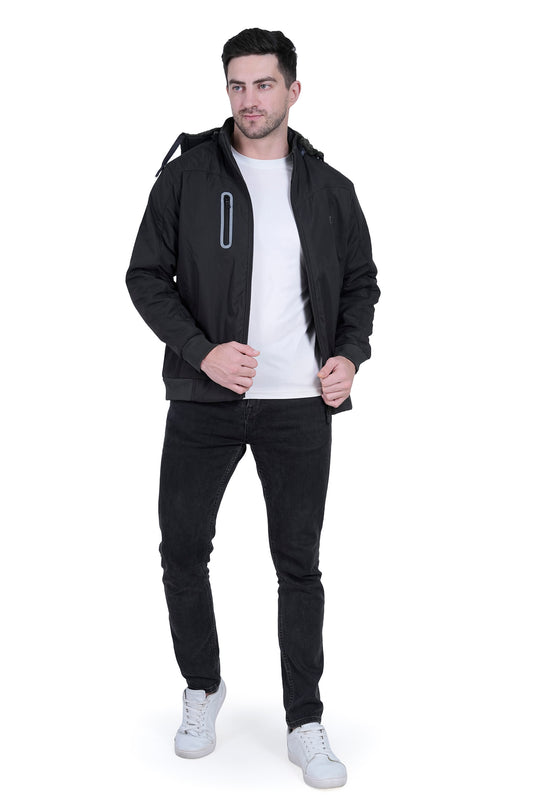 “Men’s Black Winter Jacket with Removable Hood & 3 Pockets – Stylish Warm Outerwear”