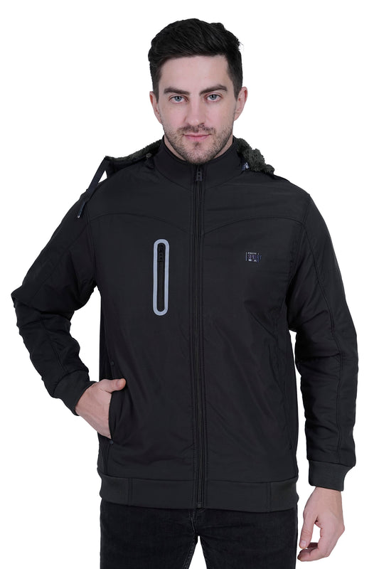 “Men’s Black Winter Jacket with Removable Hood & 3 Pockets – Stylish Warm Outerwear”
