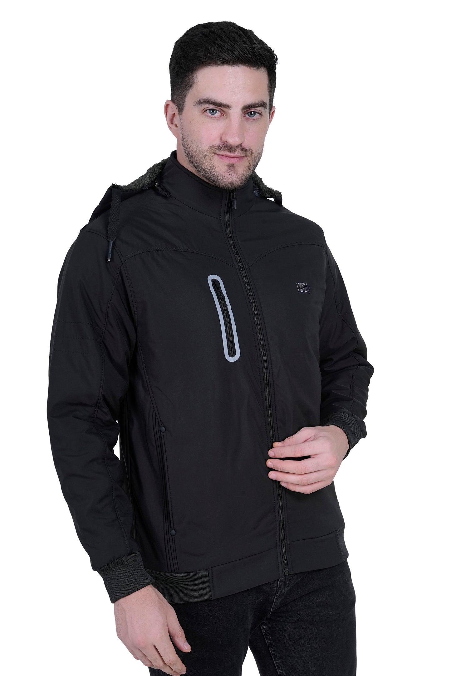 “Men’s Black Winter Jacket with Removable Hood & 3 Pockets – Stylish Warm Outerwear”