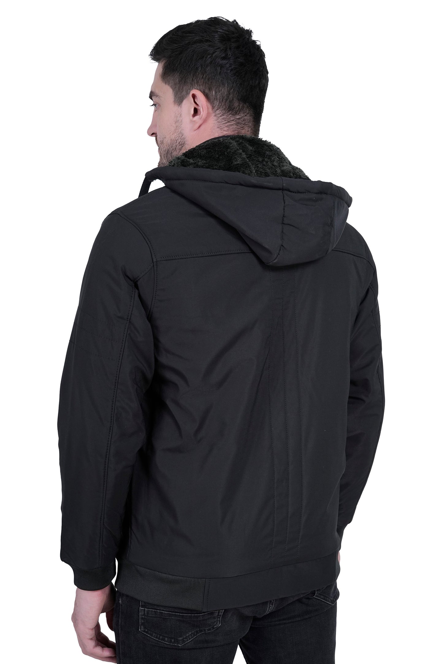 “Men’s Black Winter Jacket with Removable Hood & 3 Pockets – Stylish Warm Outerwear”