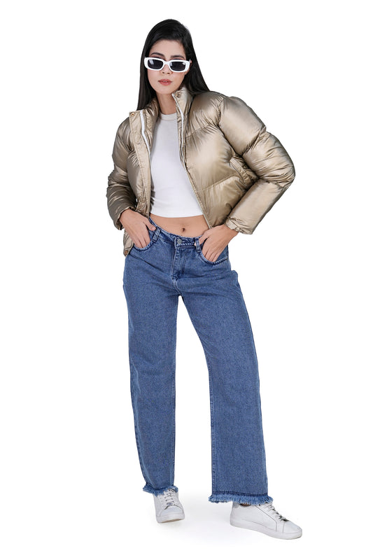 Women’s Metallic Golden Puffer Jacket – Trendy Warm Winter Wear