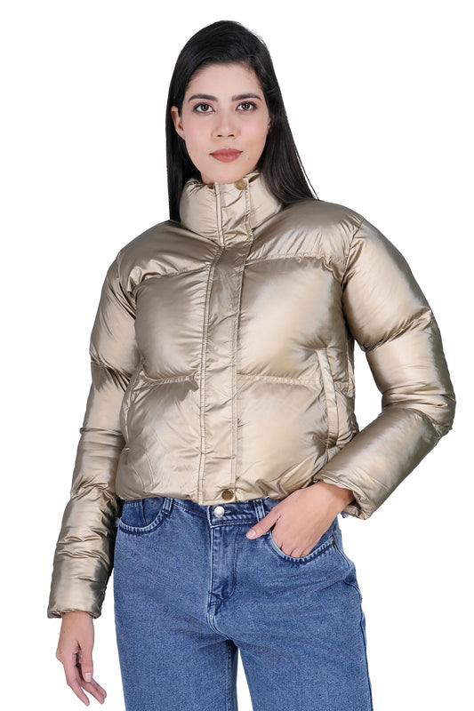 Women’s Metallic Golden Puffer Jacket – Trendy Warm Winter Wear