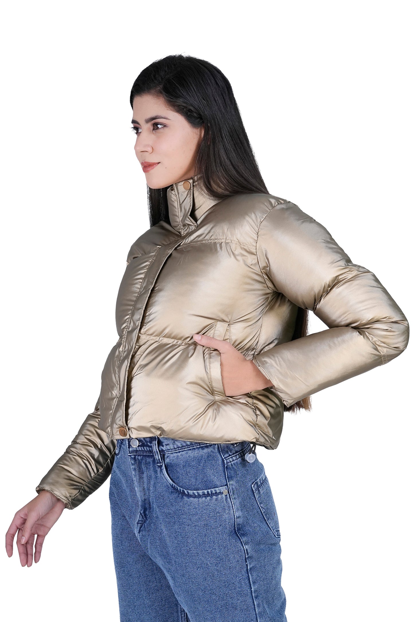 Women’s Metallic Golden Puffer Jacket – Trendy Warm Winter Wear