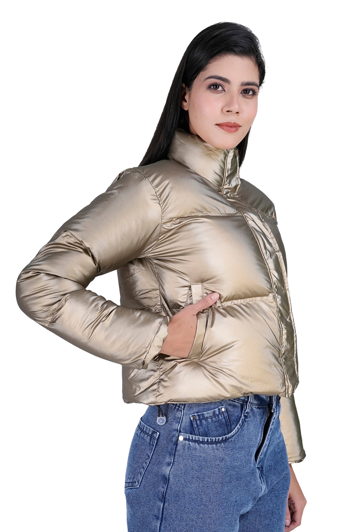 Women’s Metallic Golden Puffer Jacket – Trendy Warm Winter Wear
