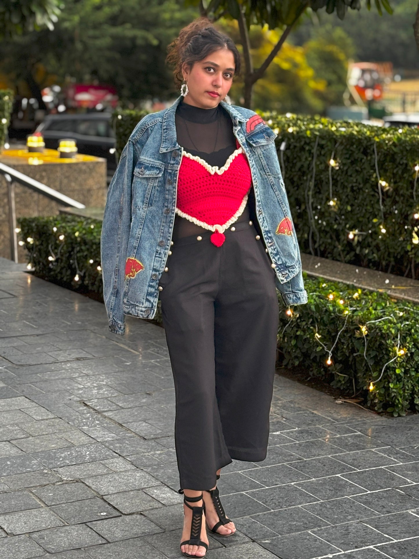 Handmade Crochet Heart Bralette Top – Red & Blue (with Frill Detail)