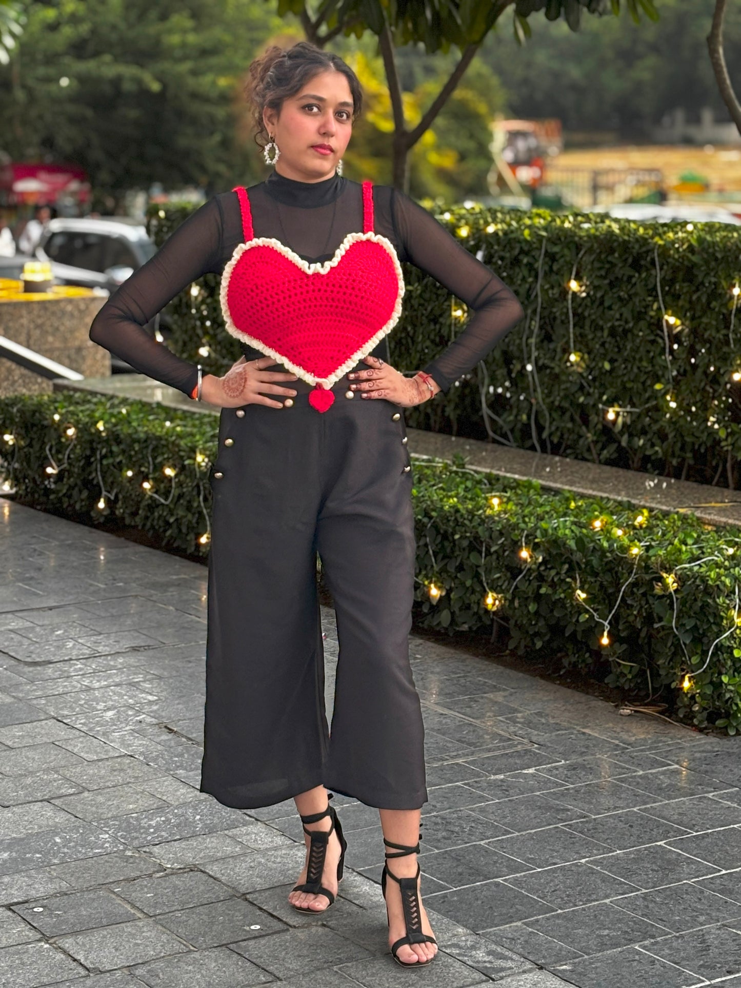 Handmade Crochet Heart Bralette Top – Red & Blue (with Frill Detail)