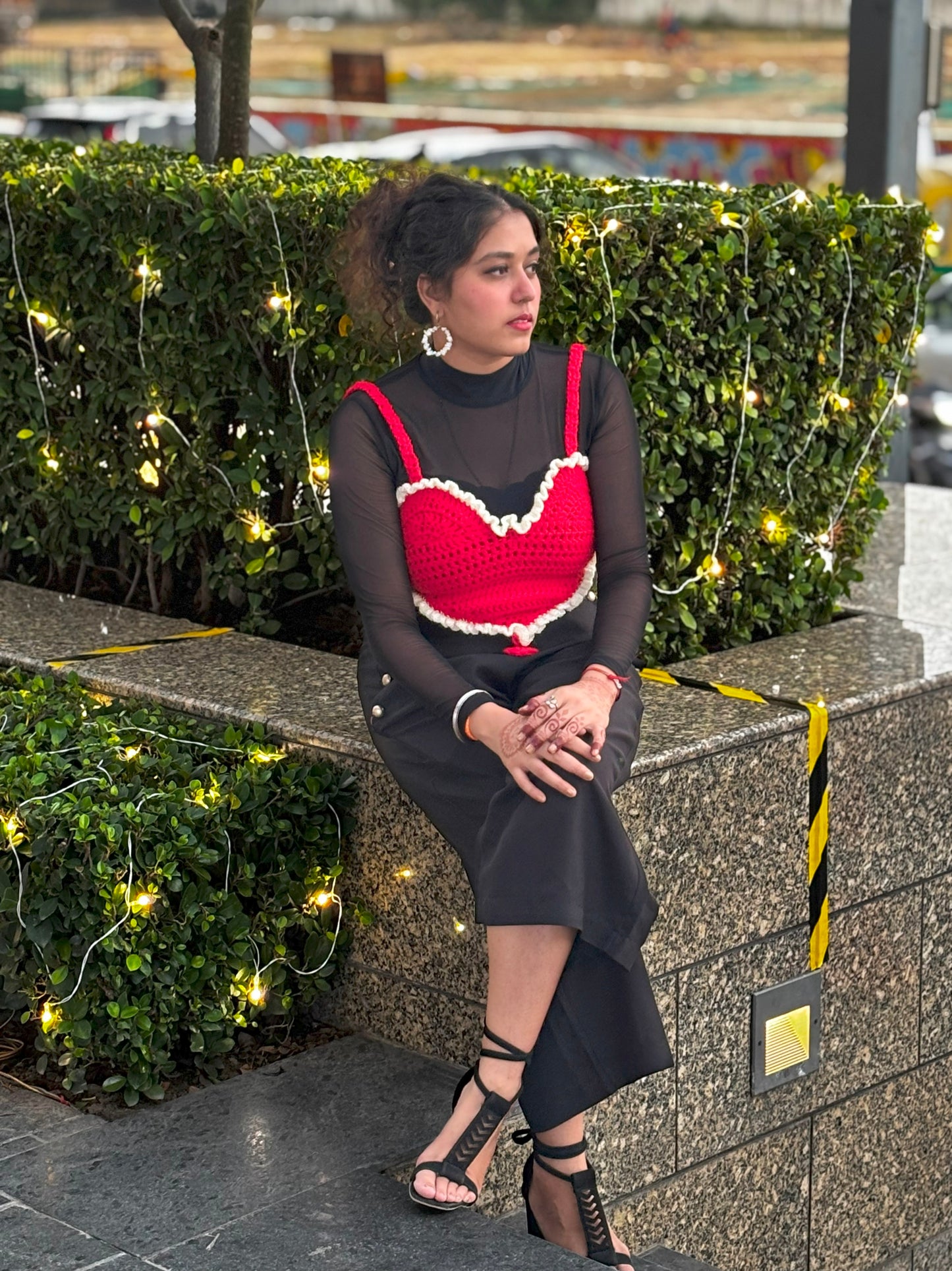 Handmade Crochet Heart Bralette Top – Red & Blue (with Frill Detail)