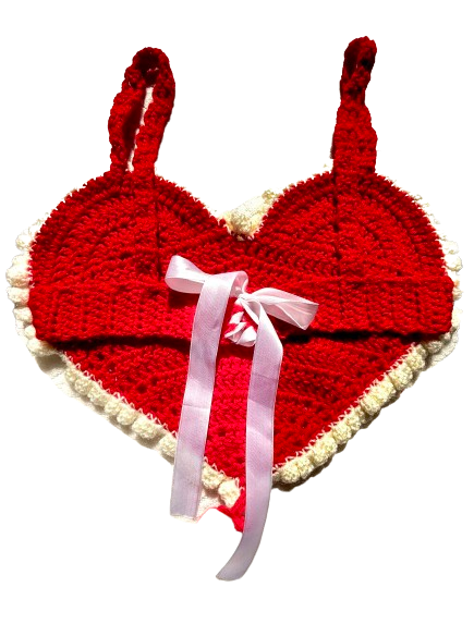 Handmade Crochet Heart Bralette Top – Red & Blue (with Frill Detail)