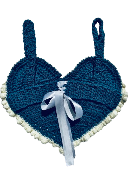 Handmade Crochet Heart Bralette Top – Red & Blue (with Frill Detail)